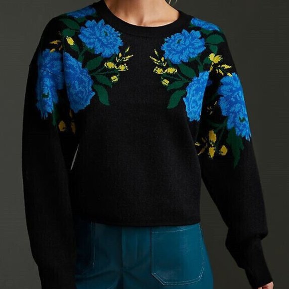 Anthropologie Maeve Camryn Cropped Sweater with Blue Black Floral Design - Picture 5 of 7